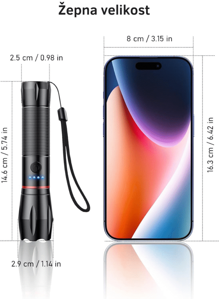 LED ročna svetilka z zoom funkcijo in USB-C polnjenjem – 2000 lumnov - slika 2