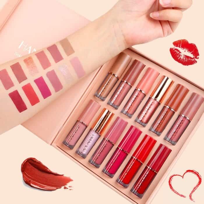 Set mat tekočih šmink in lip gloss (12 barv, vodoodporne, dolgotrajne, darilna škatla) - slika 4