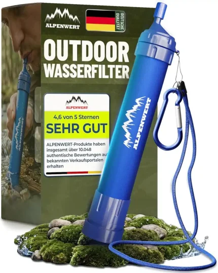 Moder vodni filter Alpenwert z nosilno vrvico, karabinom in originalno škatlo
