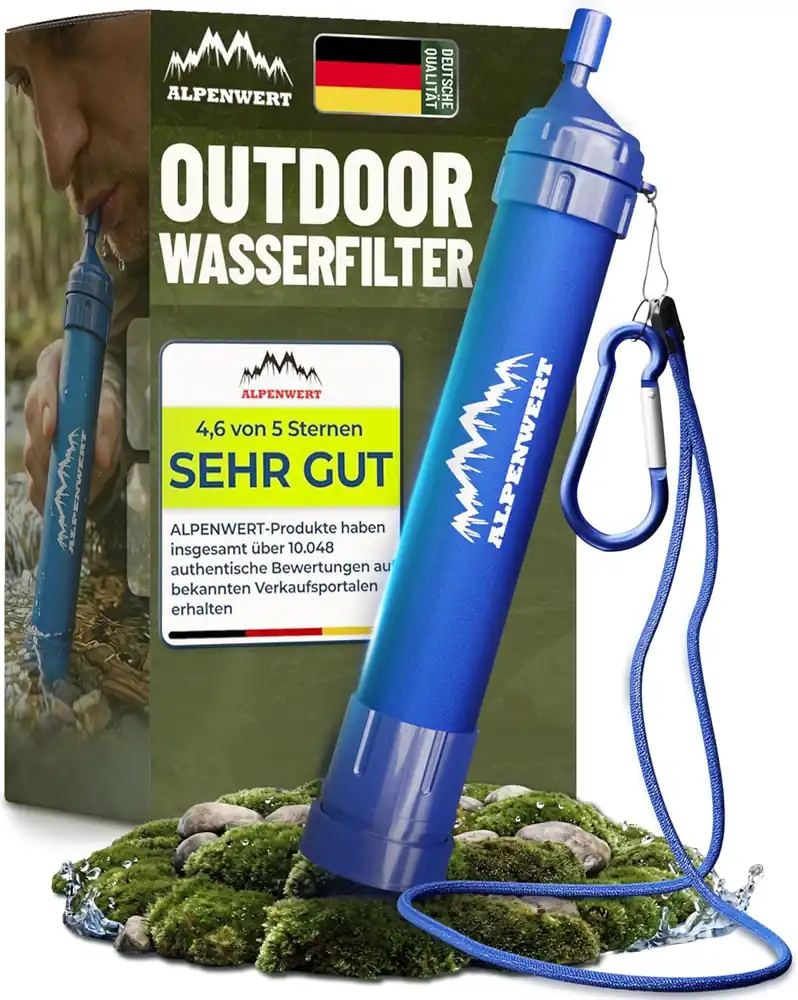 Moder vodni filter Alpenwert z nosilno vrvico, karabinom in originalno škatlo