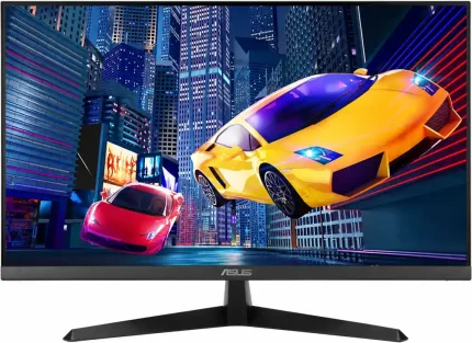 Monitor ASUS IPS VY249HGR s črnim stojalom in prikazom dirkalne igre