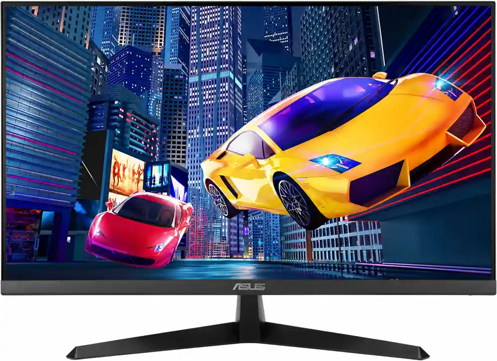 Monitor ASUS IPS VY249HGR s črnim stojalom in prikazom dirkalne igre