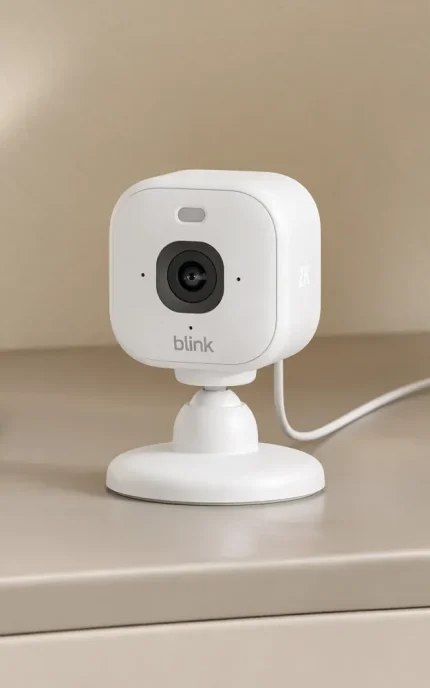Bela varnostna kamera Blink Mini 2K+ na stojalu