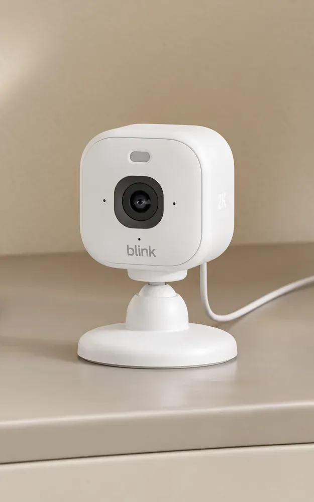Bela varnostna kamera Blink Mini 2K+ na stojalu