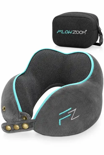 Siva potovalna blazina FLOWZOOM Comfy s turkiznim robom in črno torbico