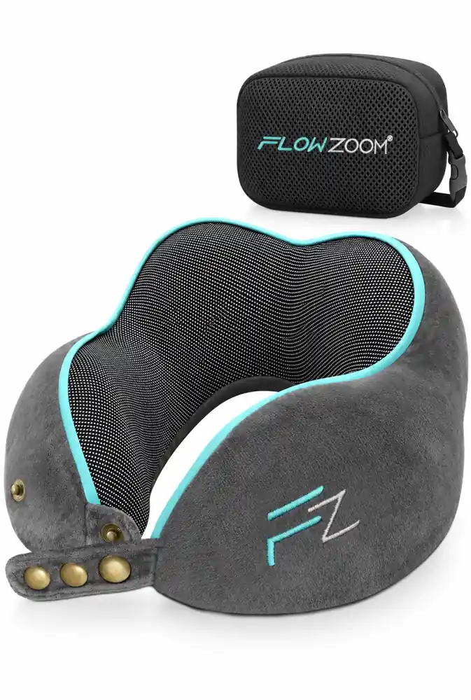 Siva potovalna blazina FLOWZOOM Comfy s turkiznim robom in črno torbico