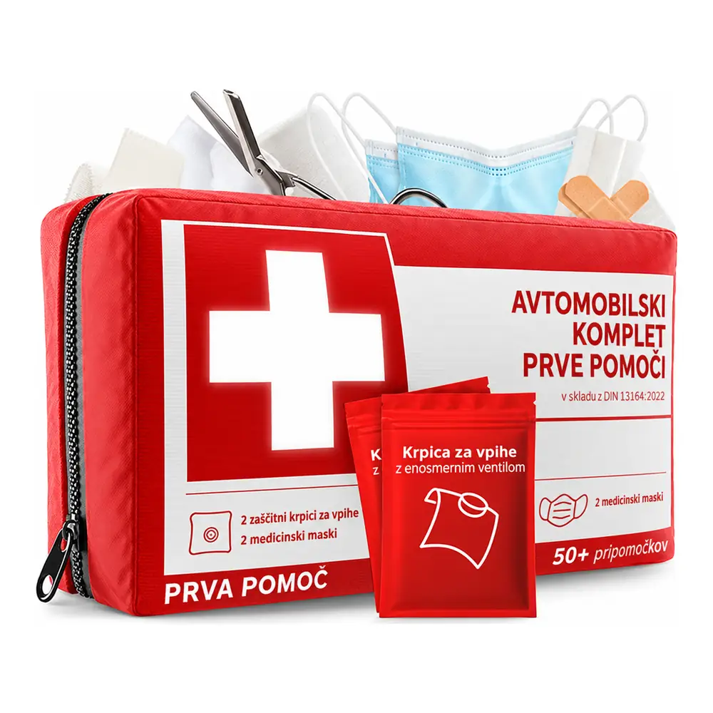 Rdeča torbica HELDENWERK s pripomočki za prvo pomoč in medicinskima maskama
