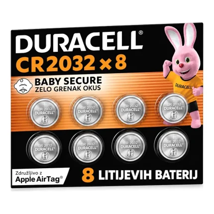 Duracell CR2032 embalaža z osmimi litijevimi gumbnimi baterijami