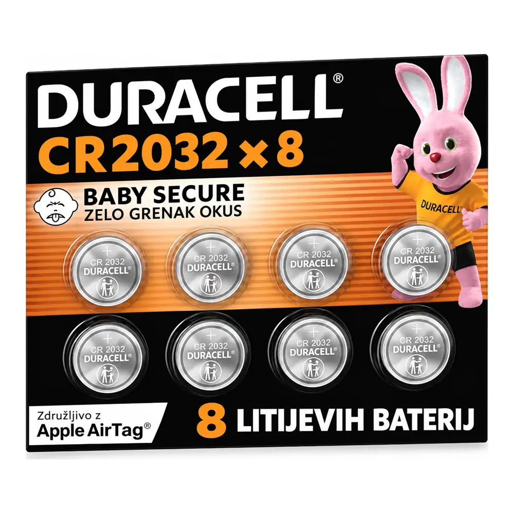 Duracell CR2032 embalaža z osmimi litijevimi gumbnimi baterijami