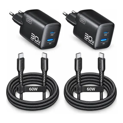Dva črna polnilnika INIU 30 W in dva pletena USB-C kabla