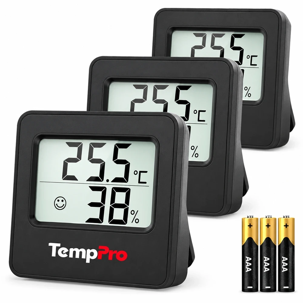 TempPro TP157 digitalni termohigrometri, črni, 3 kosi