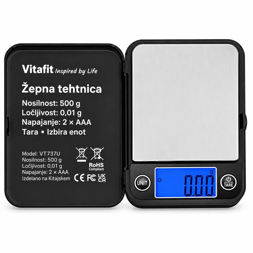 Vitafit VT737 žepna tehtnica, 500 g / 0,01 g, črna