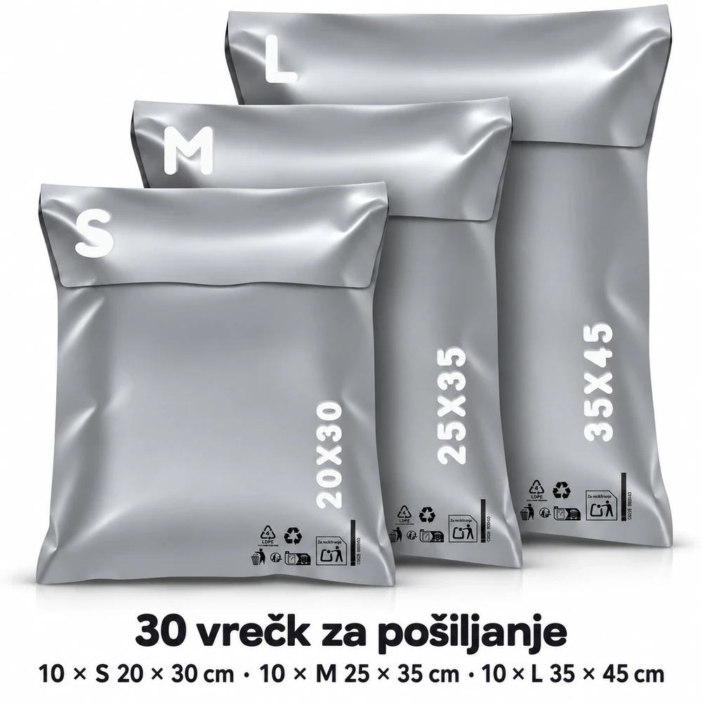 RAGO vrečke za pošiljanje, sive, 30 kosov v velikostih S/M/L