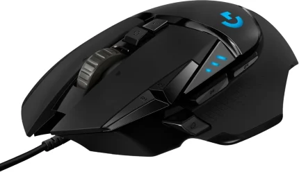 Črna igralna miška Logitech G502 HERO z žičnim priključkom in modro osvetlitvijo