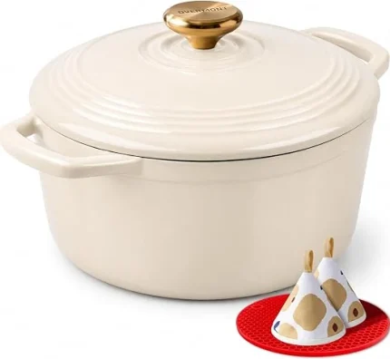 Overmont emajliran litoželezni lonec s pokrovom, 26 cm, 5,2 l, bel