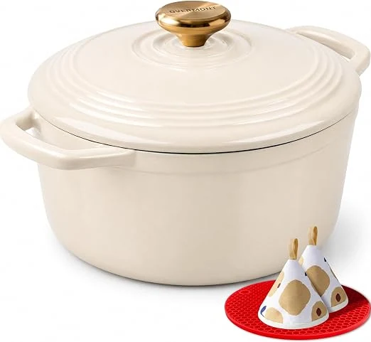 Overmont emajliran litoželezni lonec s pokrovom, 26 cm, 5,2 l, bel