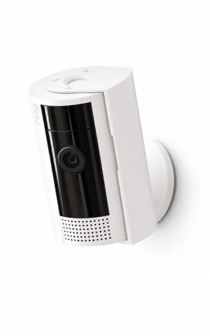 Bela notranja kamera Ring Indoor Camera 2. generacije z nosilcem in zaščitno loputo