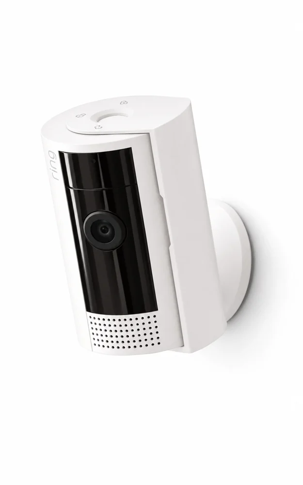 Bela notranja kamera Ring Indoor Camera 2. generacije z nosilcem in zaščitno loputo