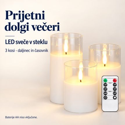 Homemory LED sveče v steklu z daljincem, bele – 3 kosi