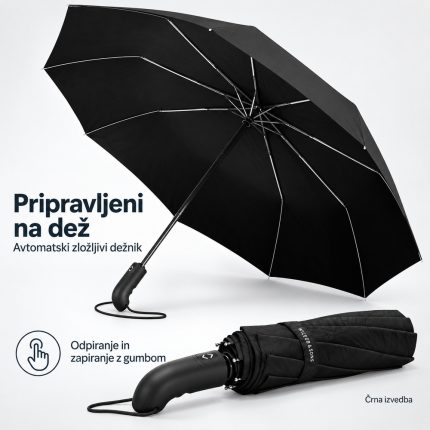 Wilford & Sons avtomatski zložljivi dežnik – črn
