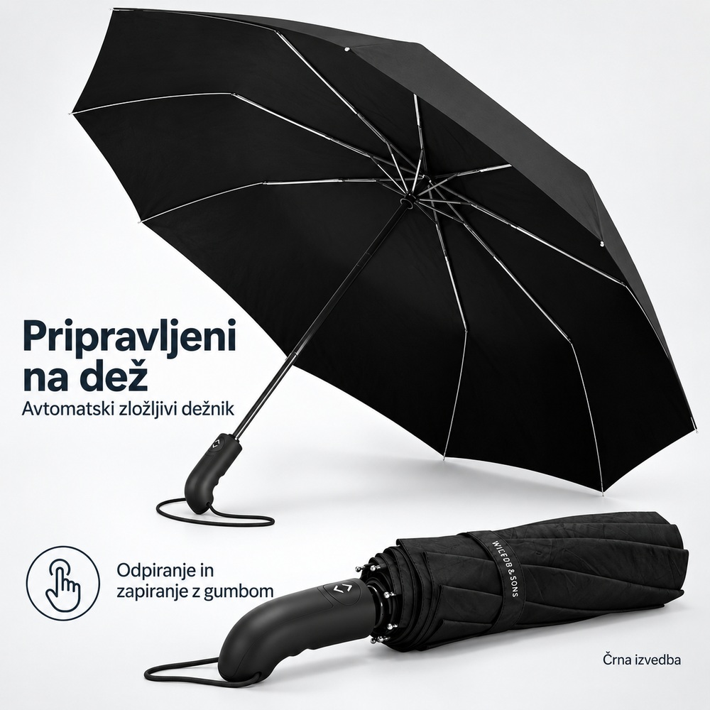 Wilford & Sons avtomatski zložljivi dežnik – črn
