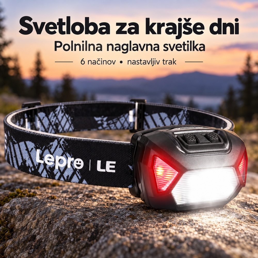 Lepro polnilna naglavna svetilka s 6 načini in rdečo svetlobo
