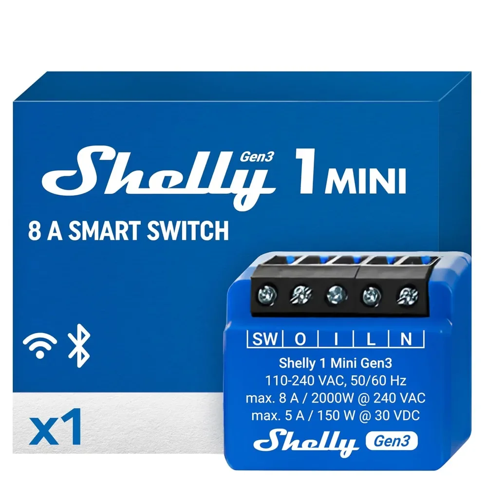 Moder pametni rele Shelly 1 Mini Gen3 in originalna embalaža