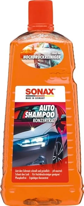 Dvolitrska steklenica oranžnega koncentrata avtošampona SONAX AutoShampoo z rdečim pokrovčkom