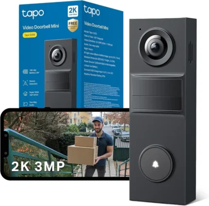 Akumulatorski video zvonec TP-Link Tapo D205 z embalažo in prikazom slike 2K