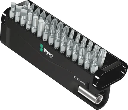 Vijačni nastavki Wera Bit-Check 30 Metal 1 v odprtem črnem držalu z univerzalnim podaljškom